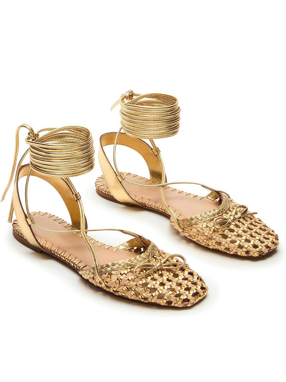 Metallic Gold Woven Ankle-Tie Flat Sandals